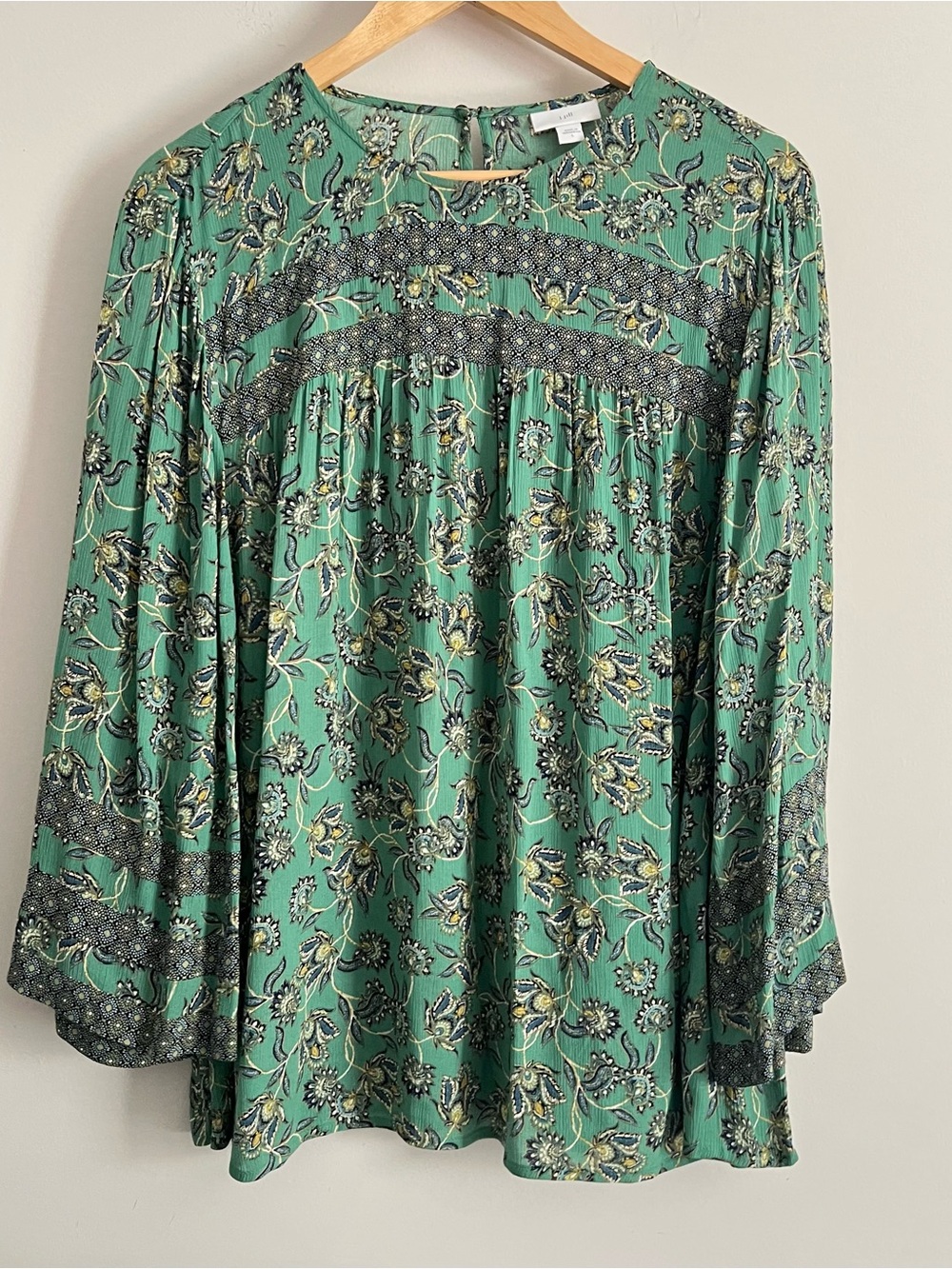 J. Jill Green Floral Boho Tunic Blouse Long Sleeve Romantic Cottagecore Fall Top